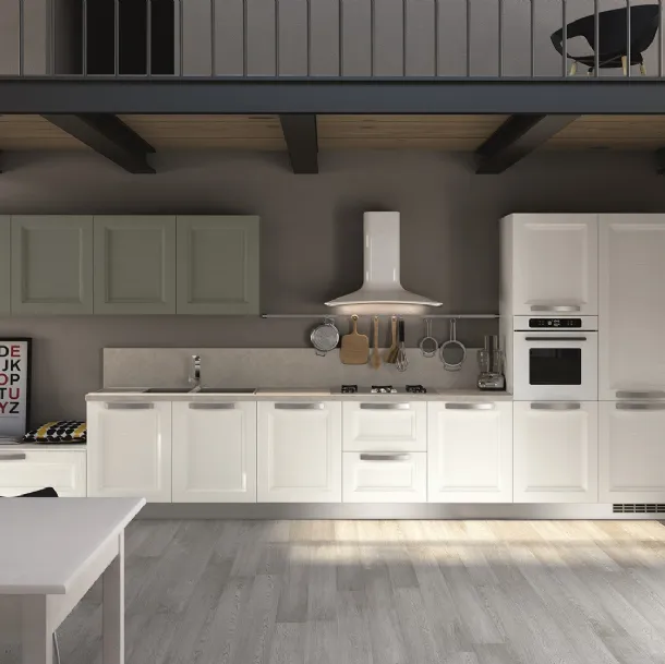 Cucina Classica lineare Alba in Frassino finitura Neve e Cemento di Essebi