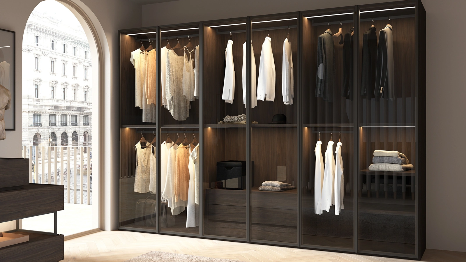 Armadio con ante battenti in vetro bronzato con telaio satinato Chic di Favero