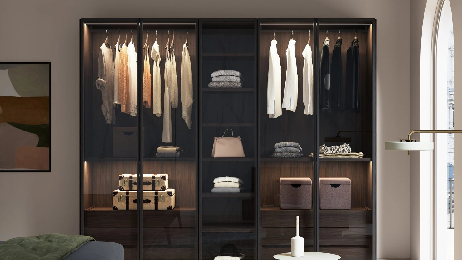 Armadio con ante battenti in vetro bronzato con telaio satinato Chic di Favero