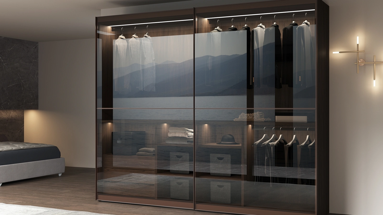 Armadio con ante scorrevoli in vetro bronzato con telaio satinato brown Iris di Favero