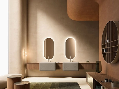 Mobile da Bagno Des Evolution Caramel 02 in Noce Canaletto con lavabi in resina di Cerasa