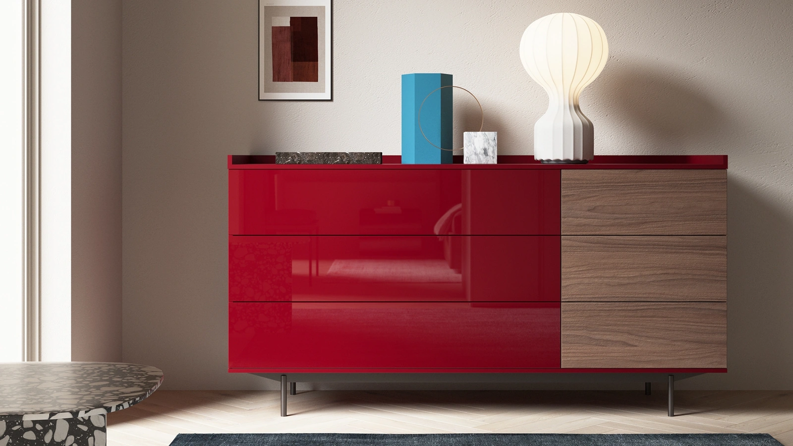 Comò Riflessi in vetro Rosso Rubino di Favero