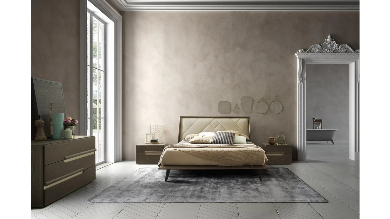 Letto in legno Cliff con testiera rivestita in pelle trapuntata di Mobilgam