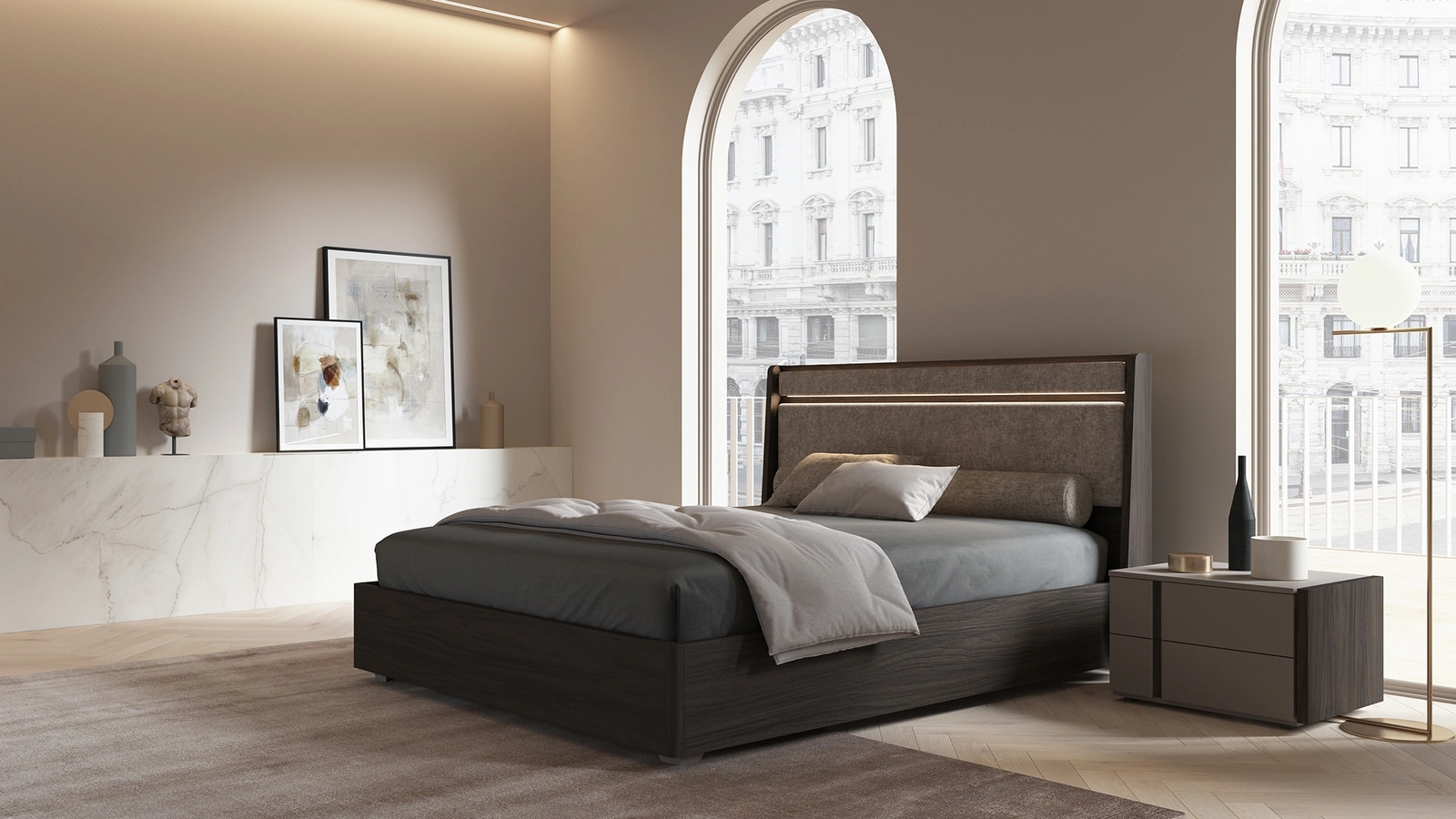 Letto in melaminico con pannello testiera in tessuto Hug di Favero