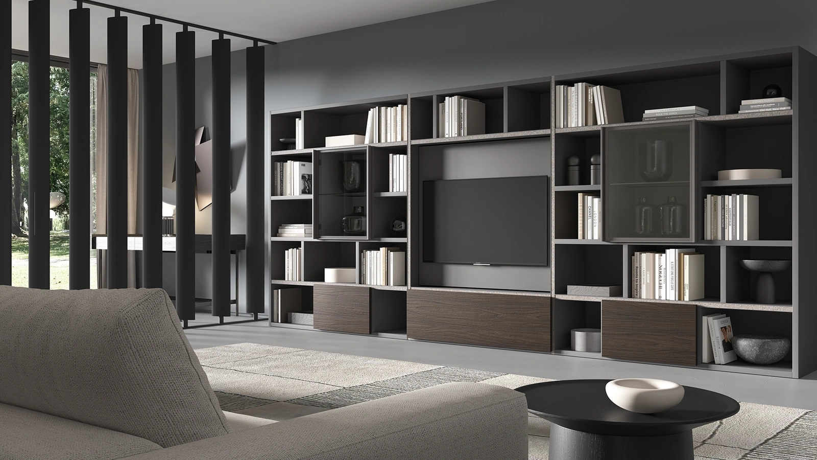 Libreria a muro 7RF5000 in melaminico con bordi rivestiti in tessuto di Favero