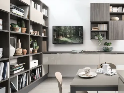 Libreria a muro Living finitura Cedro Scuro di Veneta Cucine