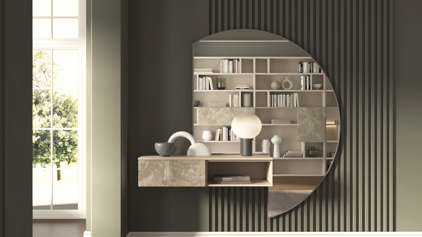 Mobile ingresso in laccato e vetro effetto marmo con specchiera 9RF0012 di Favero