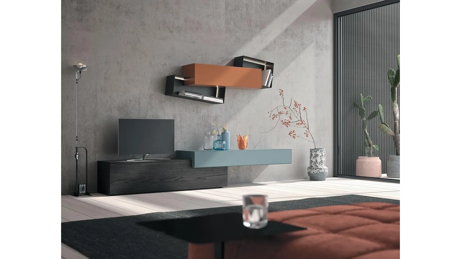 Parete Attrezzata Composizione Horizon 902 in laccato opaco e legno di Mobilgam