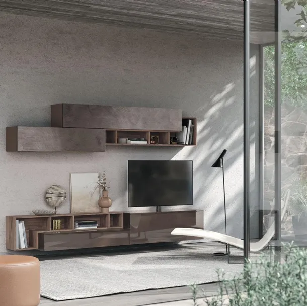 Parete Attrezzata Composizione Horizon 904 in legno, laccato lucido e materico di Mobilgam