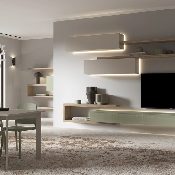 Parete Attrezzata sospesa 3RF2051 in laccato lucido e melaminico di Favero