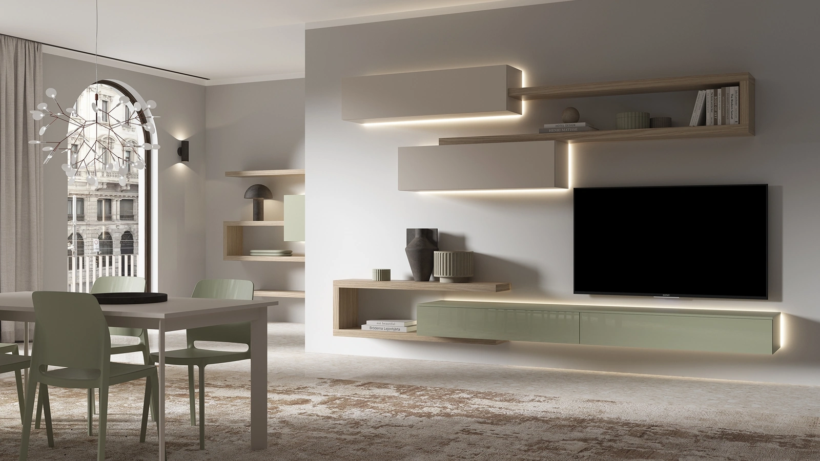 Parete Attrezzata sospesa 3RF2051 in laccato lucido e melaminico di Favero