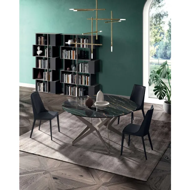 Tavolo Big Round Fisso in Cristallo Ceramica Noir Desir con base in metallo di Ozzio