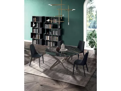Tavolo Big Round Fisso in Cristallo Ceramica Noir Desir con base in metallo di Ozzio