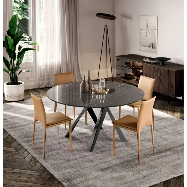 Tavolo rotondo Emisfero Fisso con top in Cristallo Ceramica Noir Desir e base in metallo di Ozzio