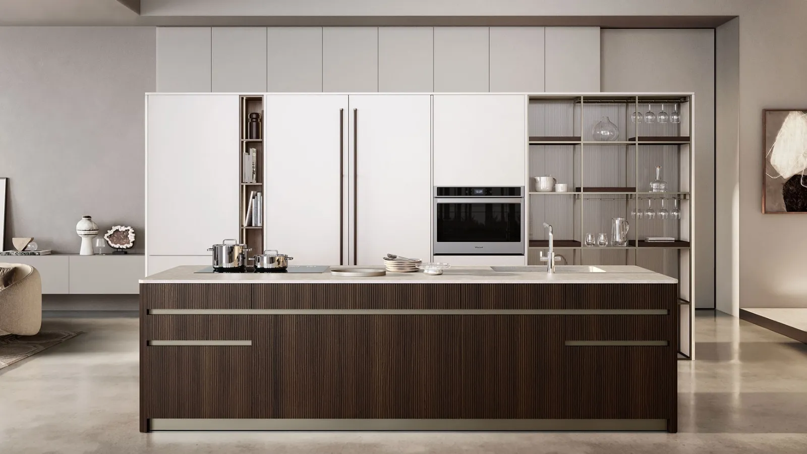 Cucina Moderna con isola Iconica 03 in Rovere Scuro Canneté e Bianco Perla di Veneta Cucine