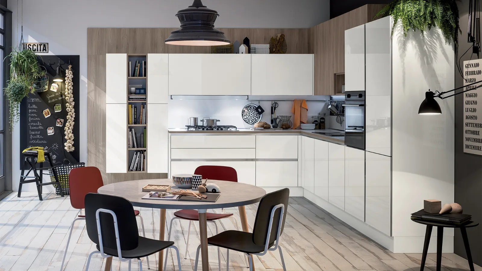 Cucina Moderna Like angolare in laccato lucido Bianco Burro e Olmo Neutro di Veneta Cucine