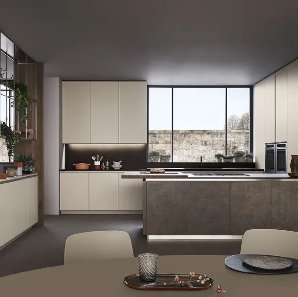 Cucina Moderna Lounge con penisola in laccato Grigio Corda e Noce Nodoso di Veneta Cucine