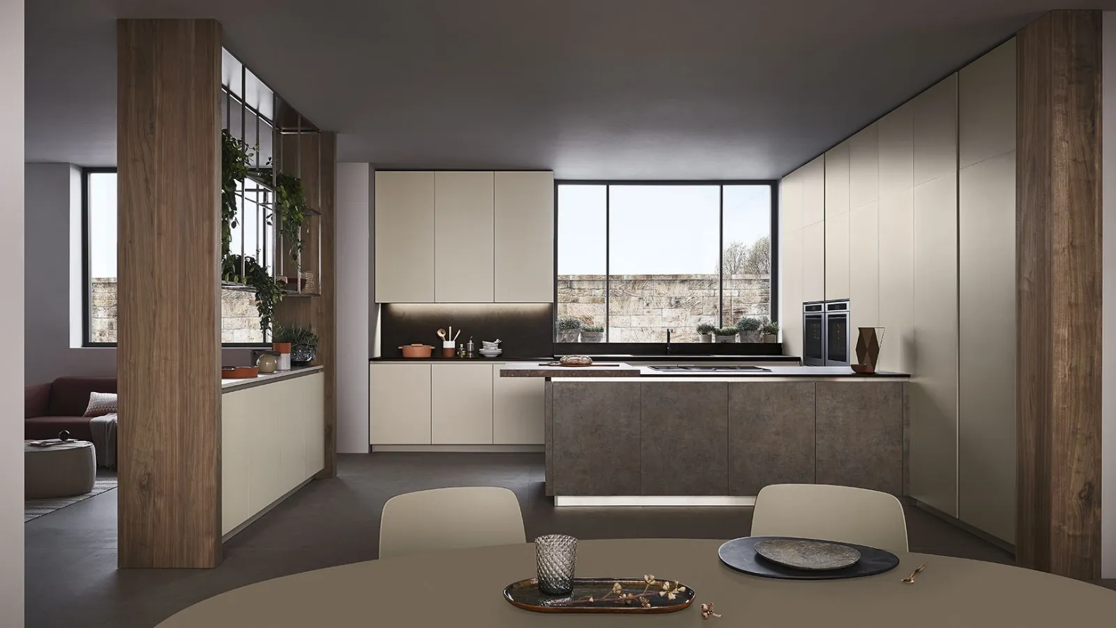Cucina Moderna Lounge con penisola in laccato Grigio Corda e Noce Nodoso di Veneta Cucine