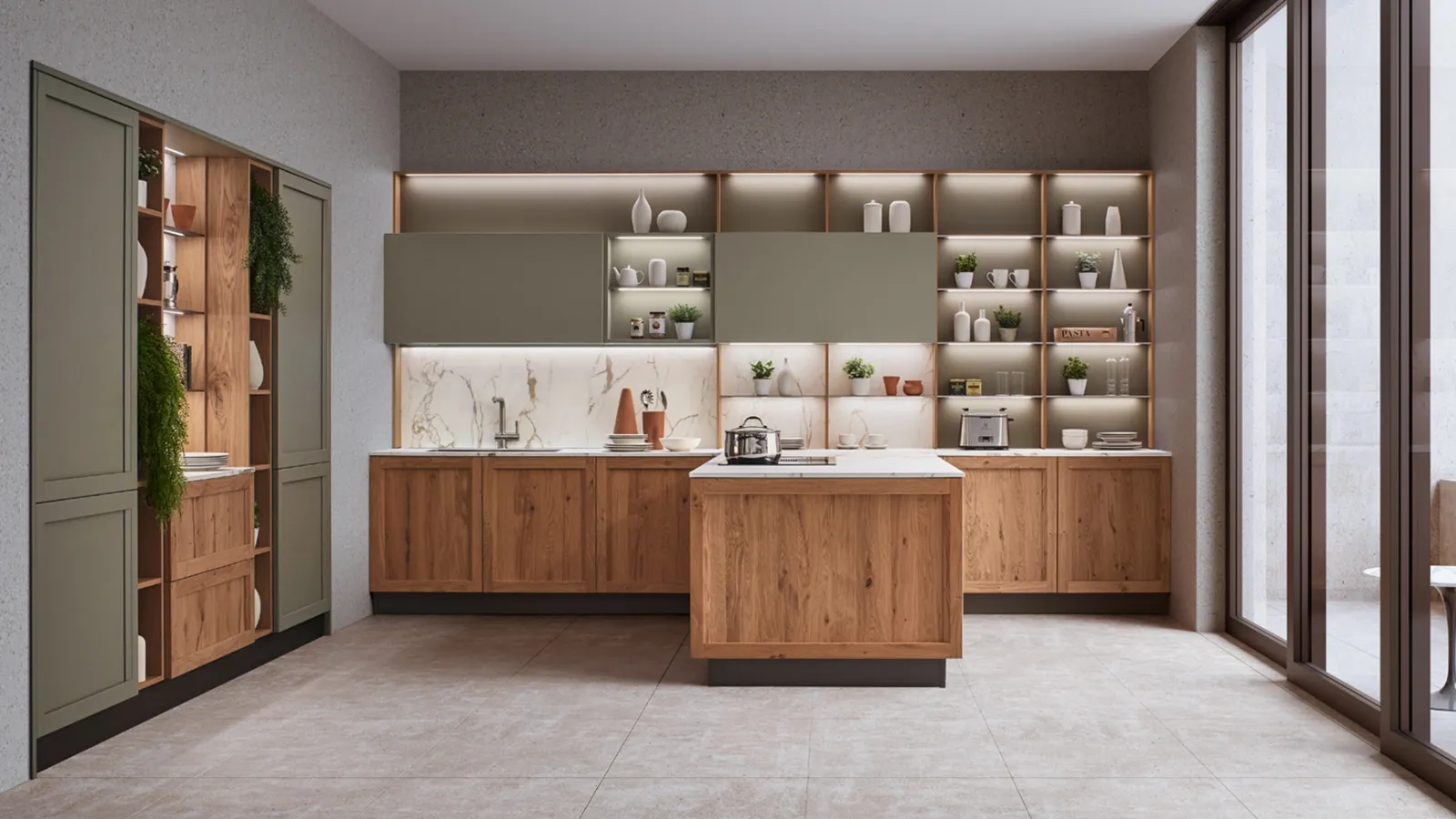 Cucina Moderna con penisola Milano 01 in Rovere e laccato Verde di Veneta Cucine