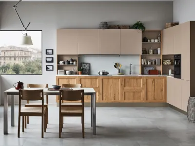 Cucina Moderna angolare Milano 08 in Rovere Nodoso chiaro e laccato Beige di Veneta Cucine