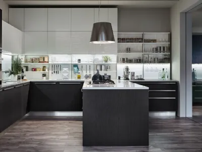 Cucina Moderna con penisola Extra in Rovere Grafite e laccato lucido Bianco Puro di Veneta Cucine