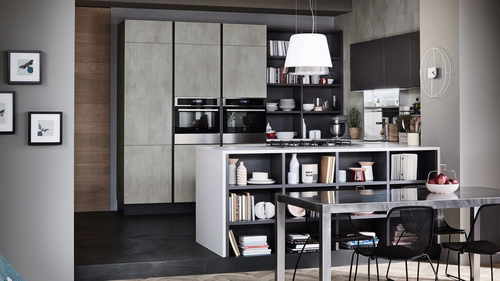 Cucina Moderna Oyster con penisola in finitura Beton Grigio Dek e Ardesia di Veneta Cucine
