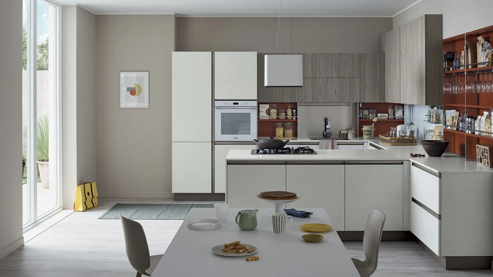 Cucina Moderna Start Time Presa angolare con penisola in finitura Graffiato Gesso, laccato Rame e olmo Neutro di Veneta Cucine