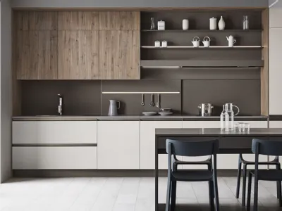 Cucina Moderna lineare Start Time Presa in finitura Graffiato chiaro e Noce Rustik di Veneta Cucine