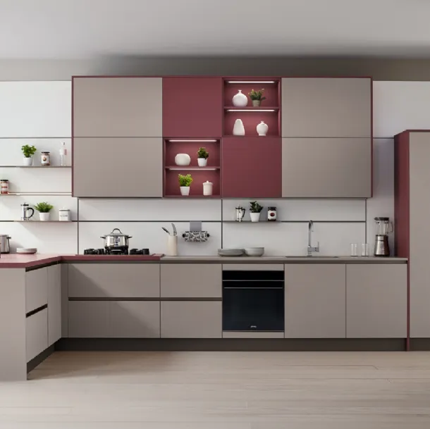 Cucina Moderna Like J 02 con penisola in laccato opaco Marrone e Rosso Soft di Veneta Cucine