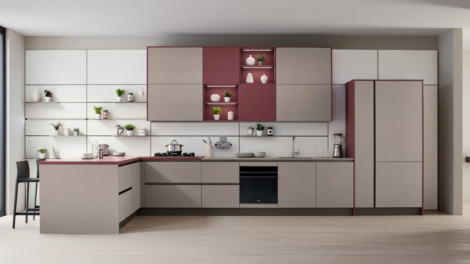 Cucina Moderna Like J 02 con penisola in laccato opaco Marrone e Rosso Soft di Veneta Cucine